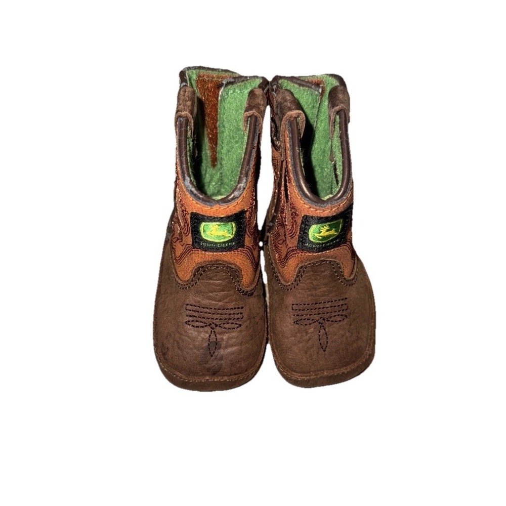 John Deere Boys Crib Boots Baby Sz 1M 1‎  Leather Brown